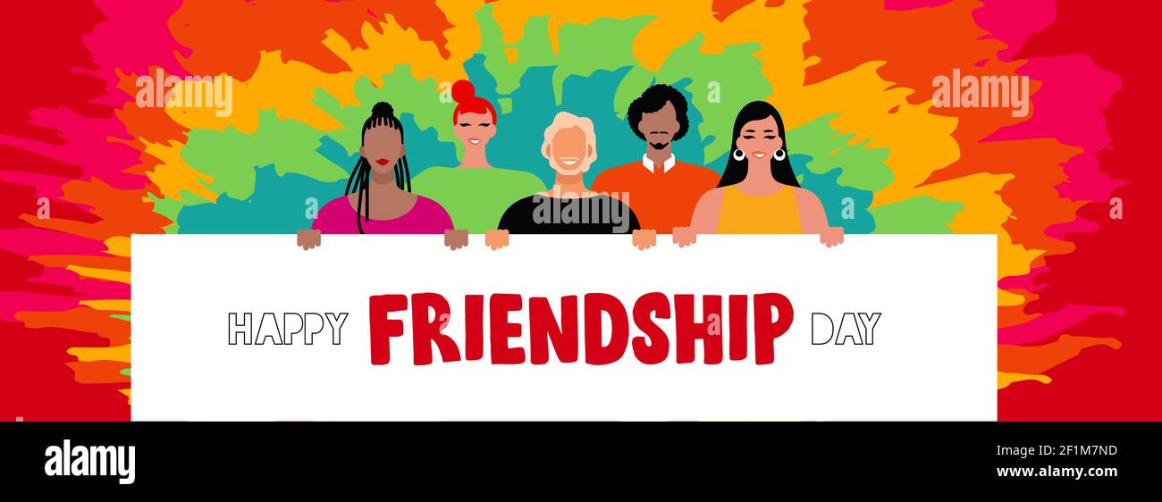 Happy Friendship day banner illustration of diverse young friends