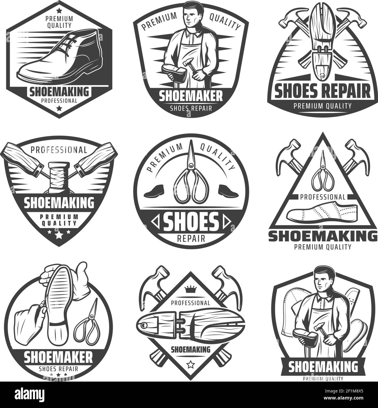 Vintage monochrome shoemaking labels set with shoemaker hammers awls