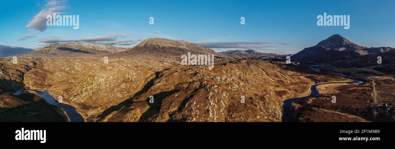North West Sutherland National Scenic Area. Drone panorama, Foinaven, Arkle, Ben Stack, looking North over River Laxford, Highlands, Scotland, UK. Stock Photo