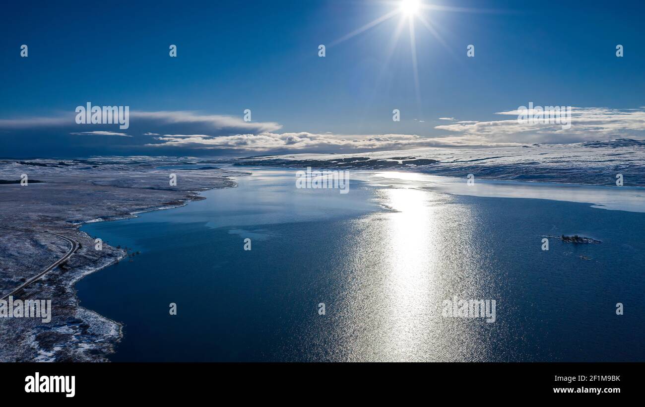 Loch Shin in snow, Sutherland, Highland, Scotland, UK. Looking South East, aerial photography. Stock Photo