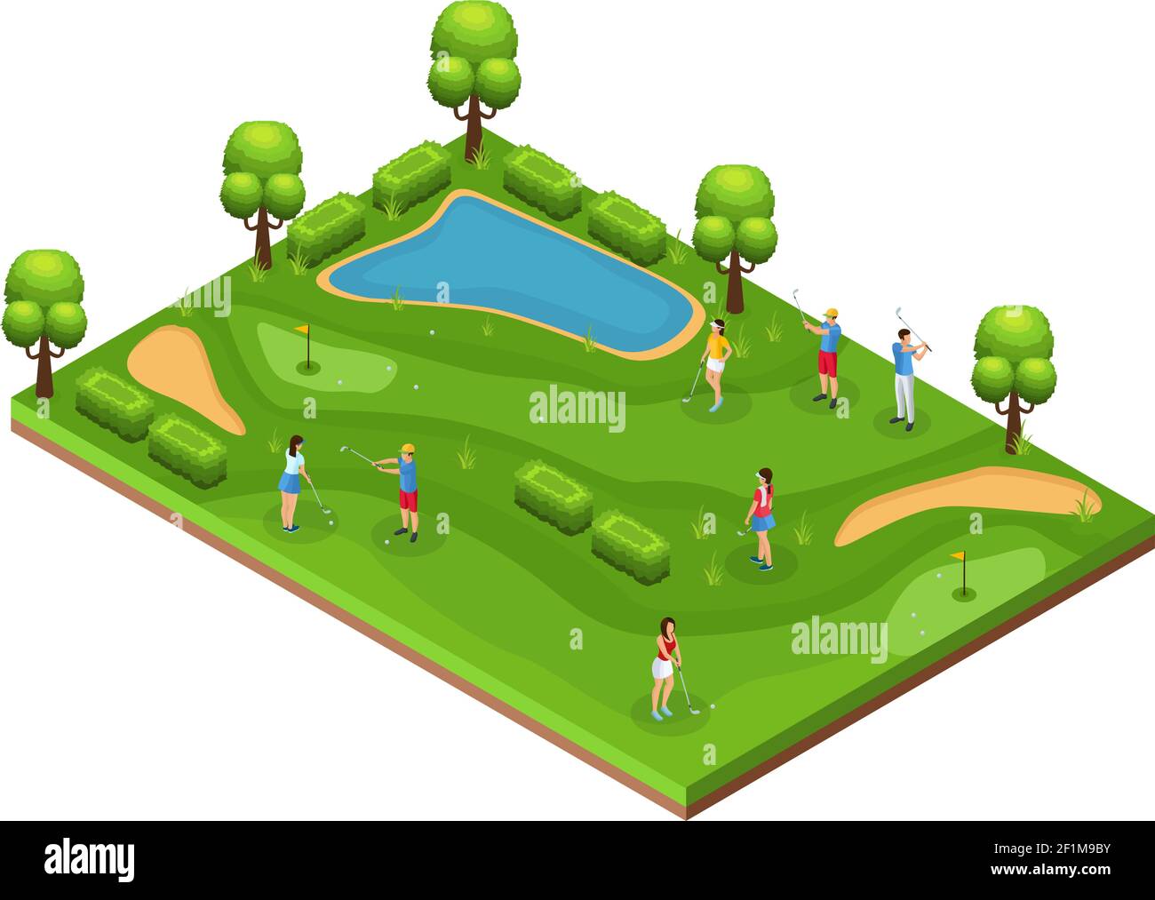 Isometric golf course concept with golfers playing on field flags holes