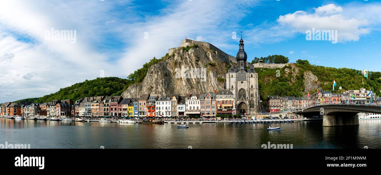 Panorama view of the small town of Dinant on the Maas river with the historic citadel and cathedral Stock Photo