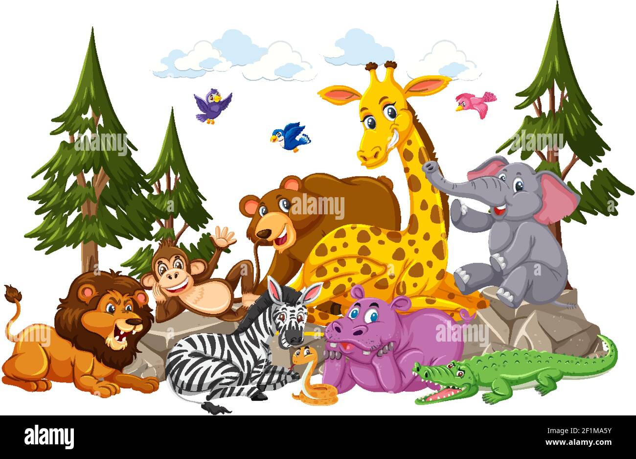 Wild animal group cartoon character on white background illustration Stock  Vector Image & Art - Alamy