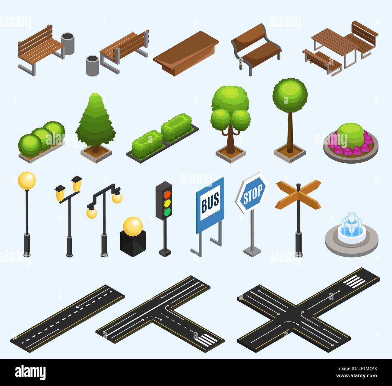 Isometric city elements collection with benches trash bins plants poles ...