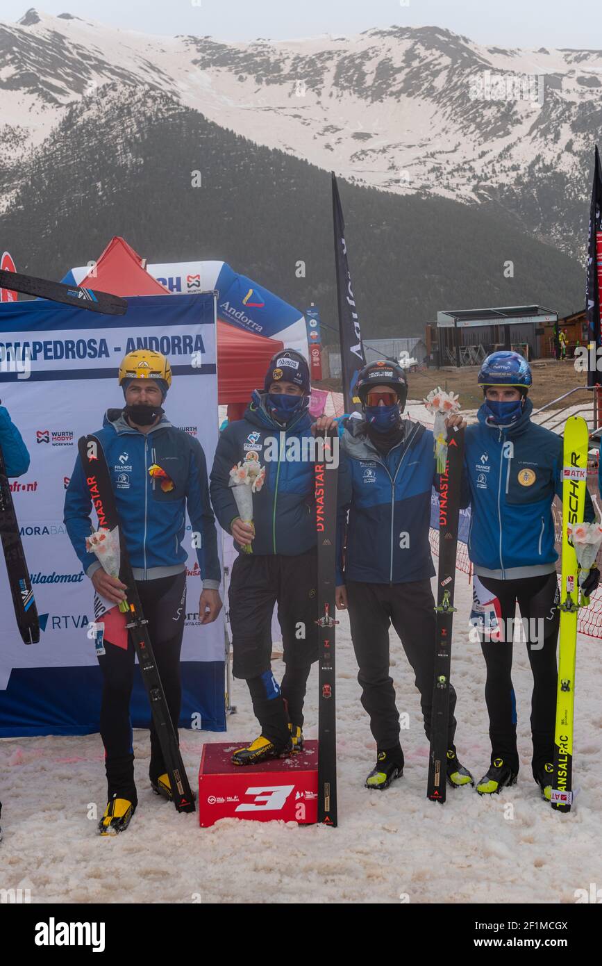 ARINSAL, ANDORRA - Mar 03, 2021: Arinsal, Andorra : 2021 March 2 : French TEAM in the ISMF WC Championships Comapedrosa Andorra 2021- RelayRace Men. Stock Photo