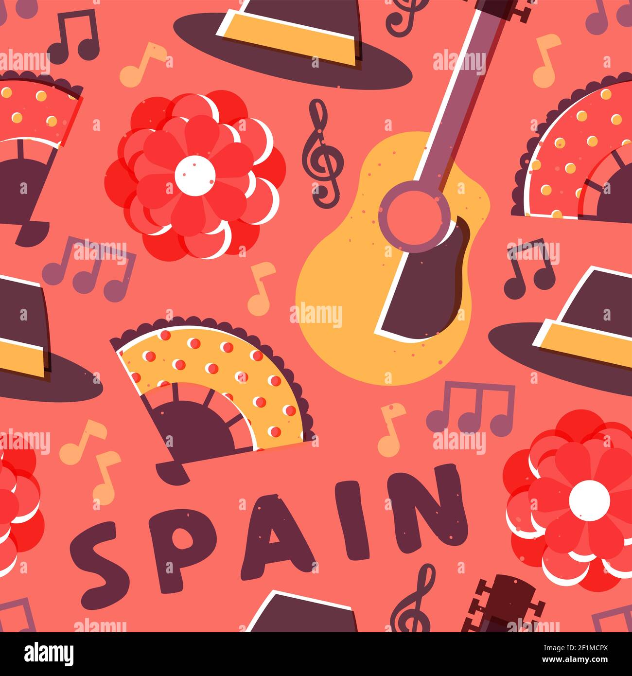 Spanish culture seamless pattern illustration. Spain travel background design with guitar, flamenco music, rose flower, and more. Stock Vector
