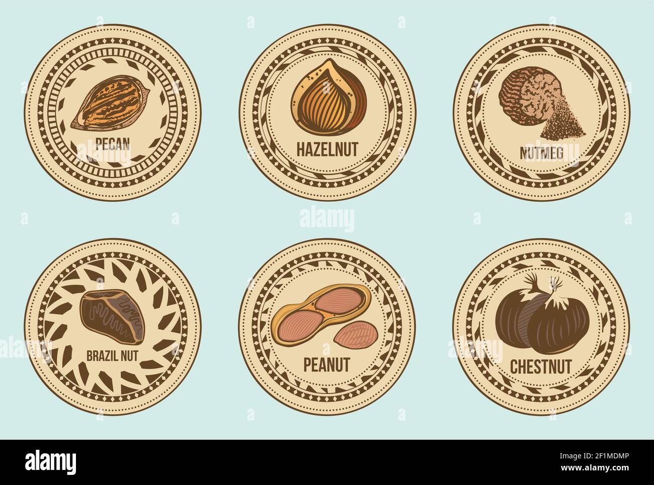 Colorful fresh nuts round labels set with different sorts of seeds on ...