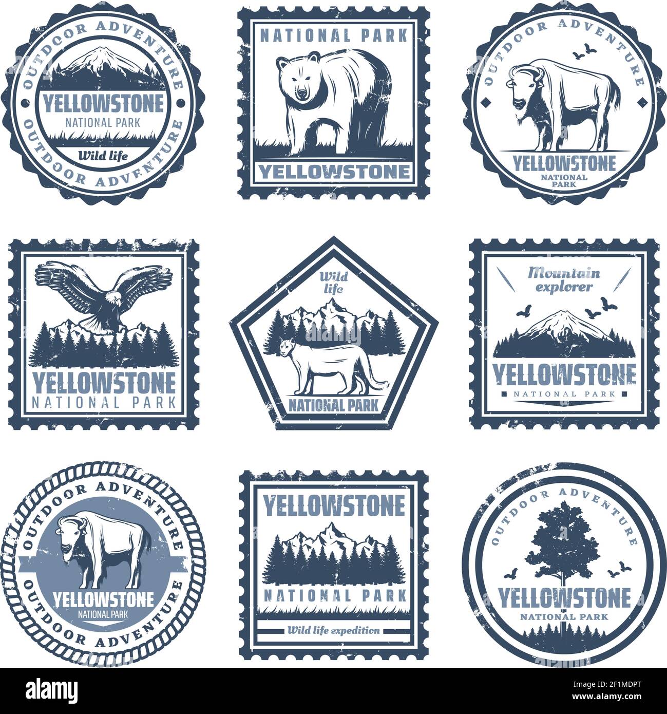 Vintage national park stamps set with inscriptions bear buffalo puma eagle  and nature landscapes isolated vector illustration Stock Vector Image & Art  - Alamy