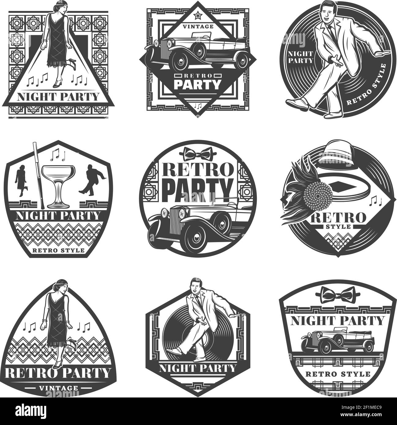 Vintage monochrome retro party labels set with dancing people classic