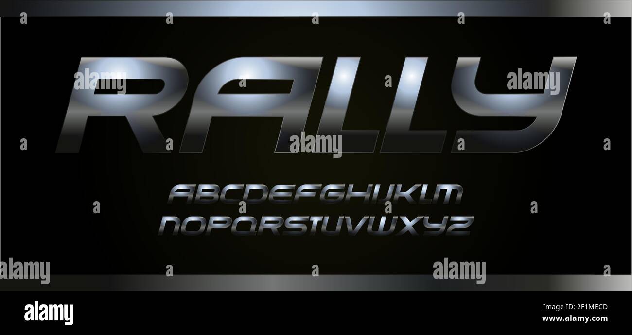 Modern sport font with metallic texture, vector typography. Alphabet for rally speed racing. Dark steel letters on black background Stock Vector