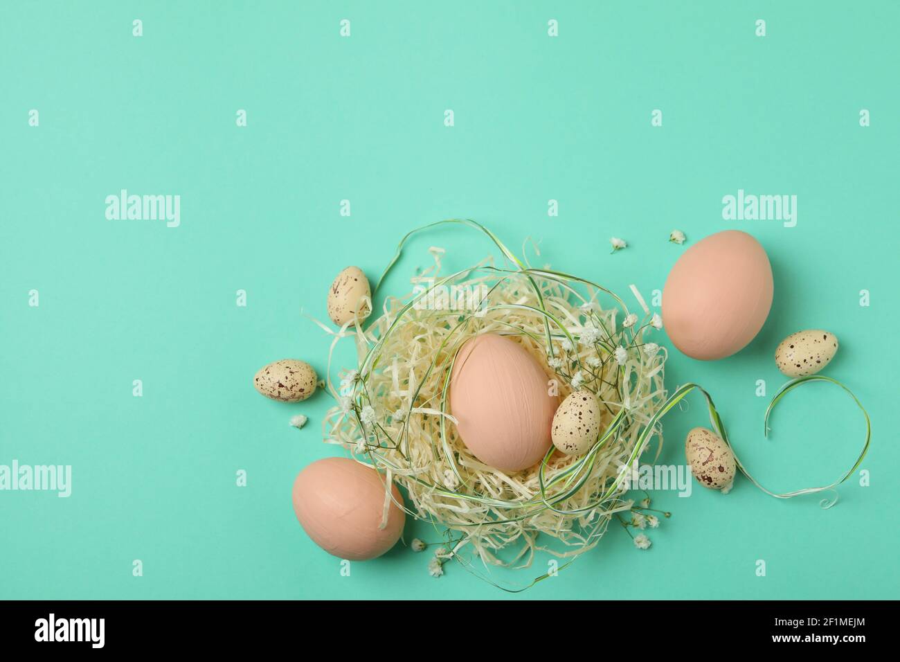 Easter eggs in a nest on a mint background, soft spring composition Stock Photo