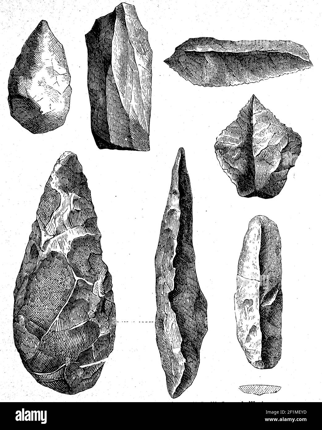 Weapons and tools of the Stone Age people, hand axe, illustration from 1880  /  Waffen und Werkzeuge der Menschen der Steinzeit, Faustkeil, Illustration aus 1880, Historisch, historical, digital improved reproduction of an original from the 19th century / digitale Reproduktion einer Originalvorlage aus dem 19. Jahrhundert, Stock Photo