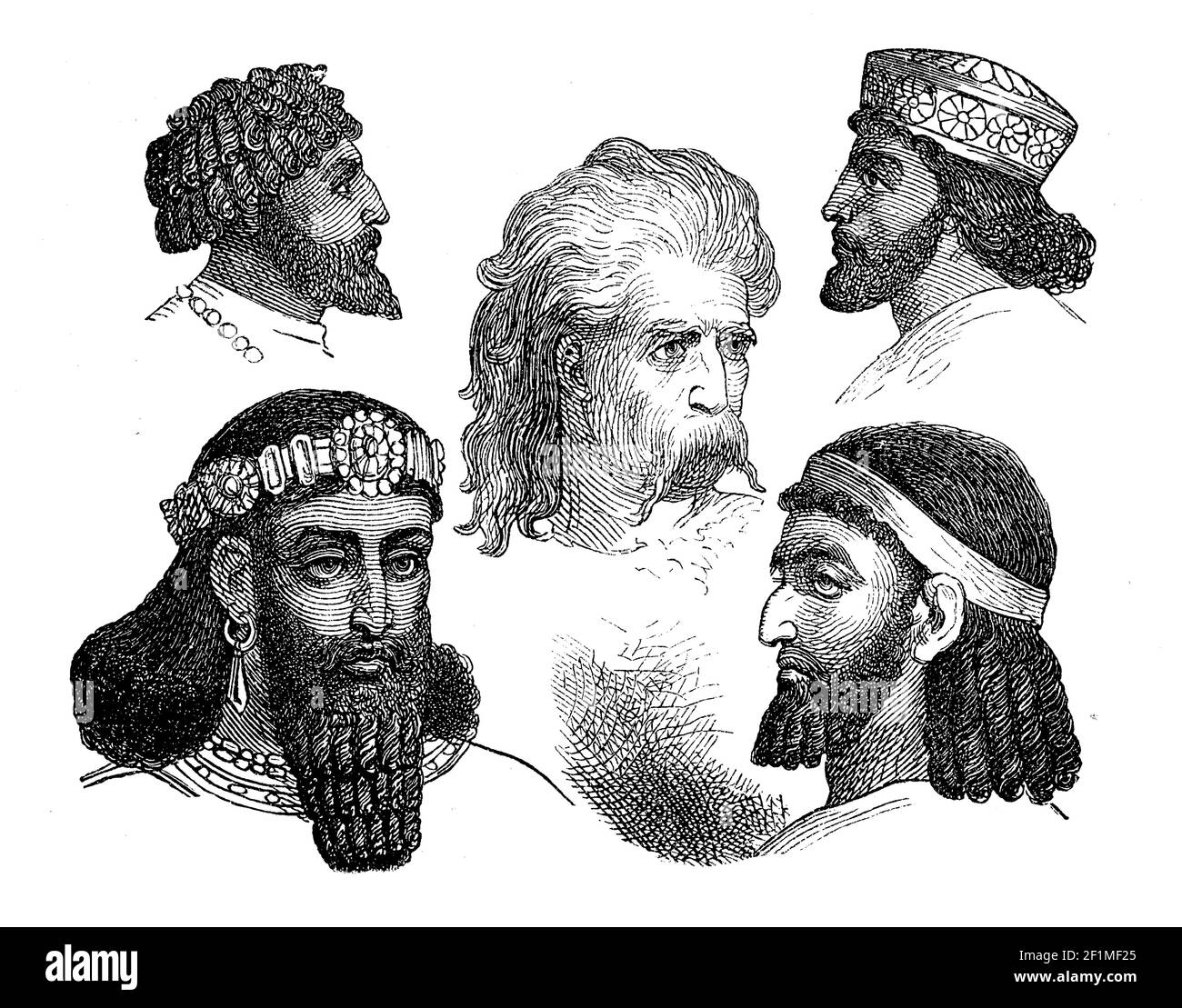 Hair styles of the Numidians, Assyrians, Gauls, Persians and Hebrews, illustration from 1880  /  Haartrachten der Numidier, Assyrer, Gallier, Perser und Hebräer, Illustration aus 1880, Historisch, historical, digital improved reproduction of an original from the 19th century / digitale Reproduktion einer Originalvorlage aus dem 19. Jahrhundert, Stock Photo