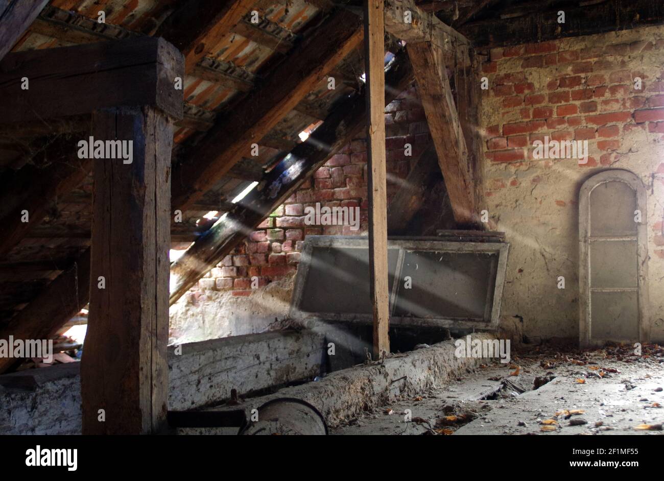Attic in a ruined building. A dark and mysterious corner of an old