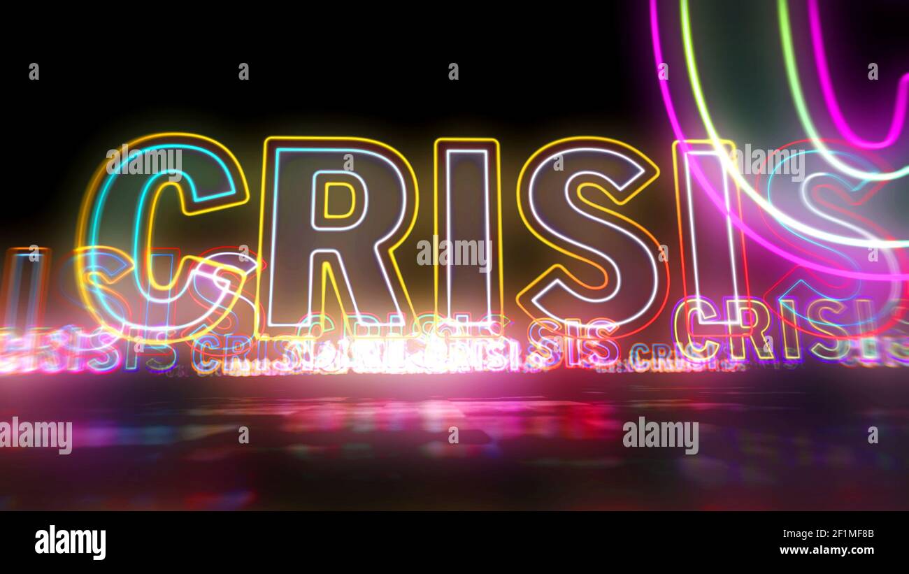 Crisis concept, economy, depression, finance, global recession and business recess. Glowing text. Futuristic concept 3d rendering illustration. Stock Photo
