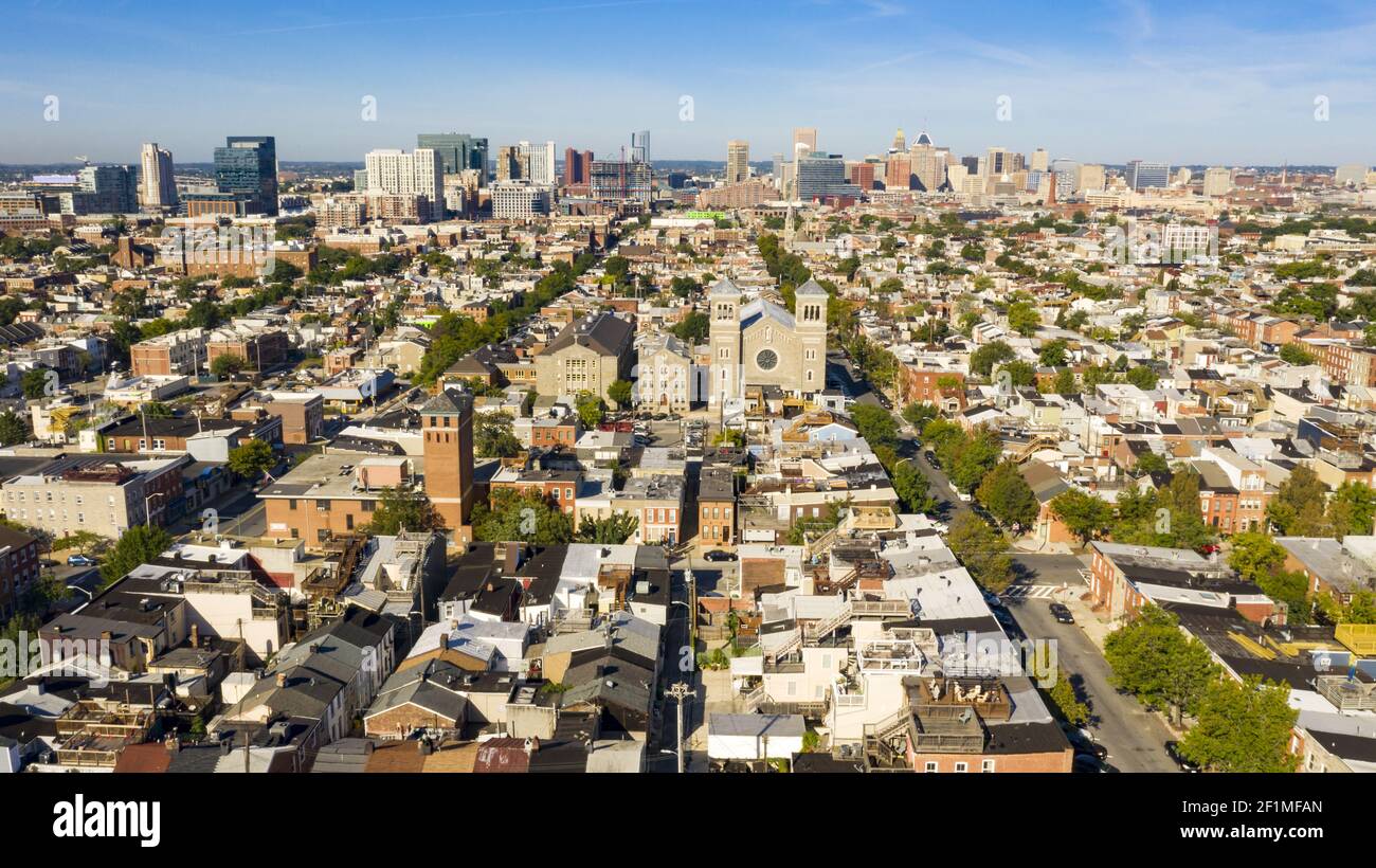 Wide Aerial Perspective over Streets and Neighborhoods of Baltimore Maryland Stock Photo