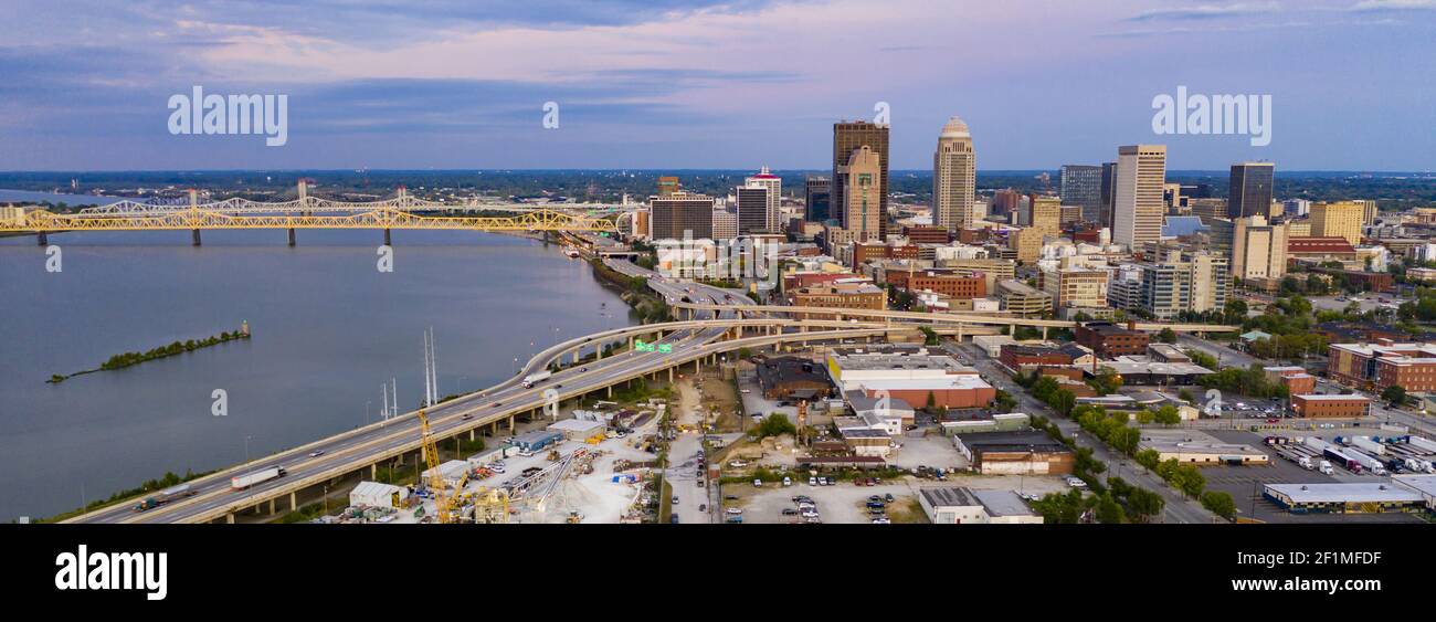 Aerial Perspective over Downtown Louisville Kentucky on the Ohio River