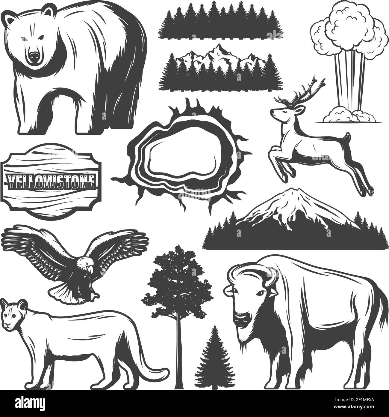 Vintage Yellowstone national park icons set with animals forest mountain exploding geyser grand prismatic spring wooden plank isolated vector illustra Stock Vector