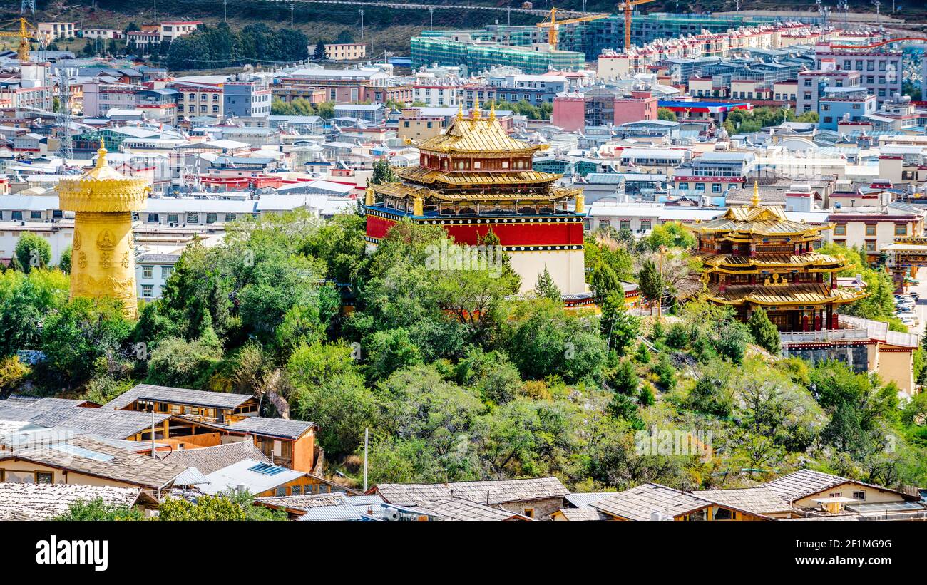 Dafo Big Buddha temple aerial view and Guishan park scenic in Dukezong old town in Shangri-La Yunnan China Stock Photo