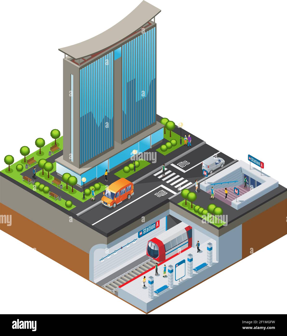 Isometric colorful cityscape concept with office building metro station trees cars and people isolated vector illustration Stock Vector