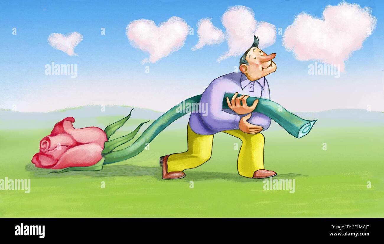 man carries huge rose and see heart shaped clouds metaphor of man in love Stock Photo