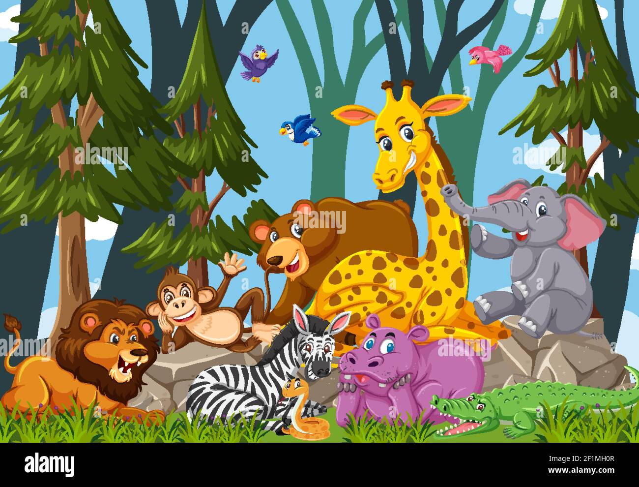 Wild animal group cartoon character in the forest illustration Stock Vector  Image & Art - Alamy