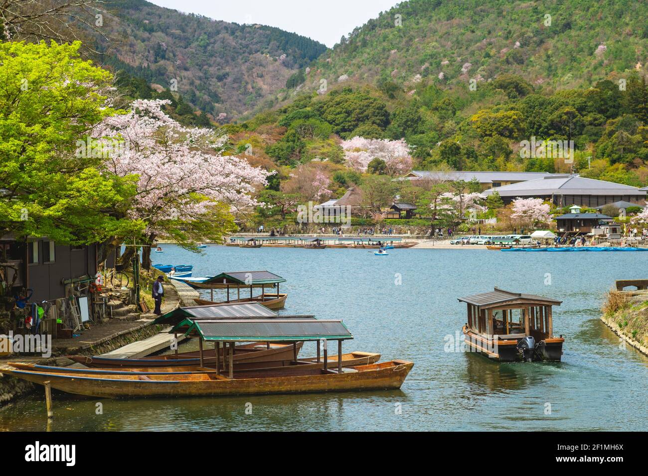 boat ride pier at Hozugawa River in arashiyama, kyoto, japan Stock Photo
