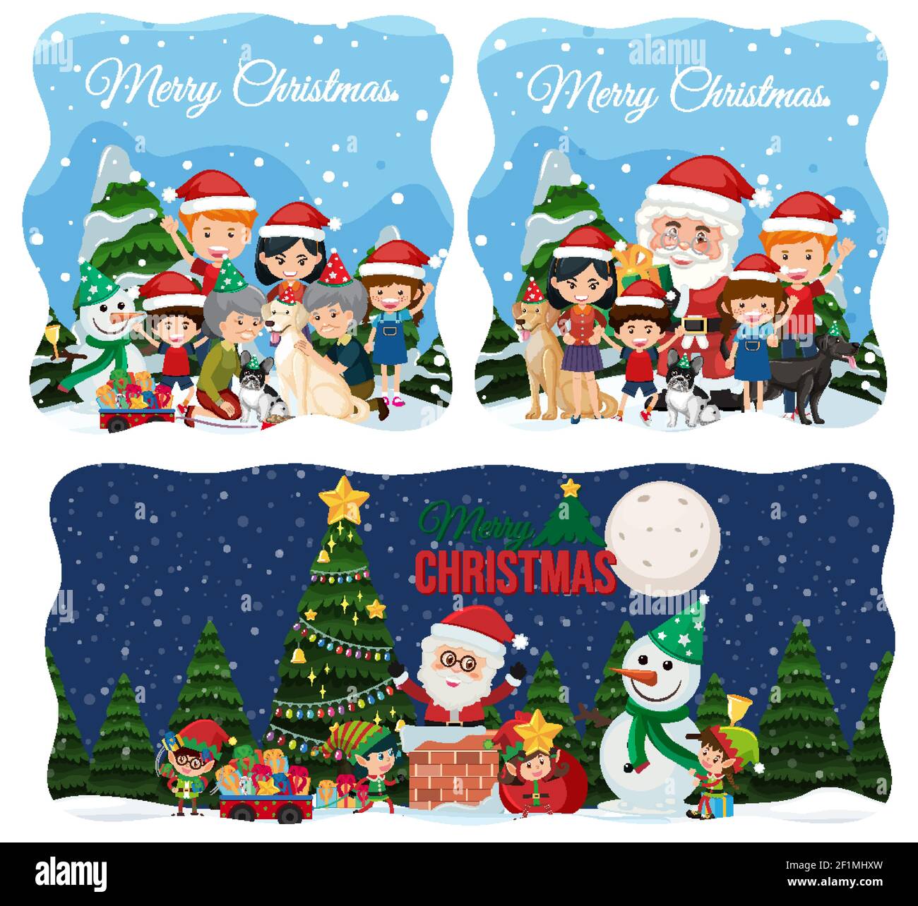Set of different Merry Christmas scene with Santa Claus illustration Stock Vector