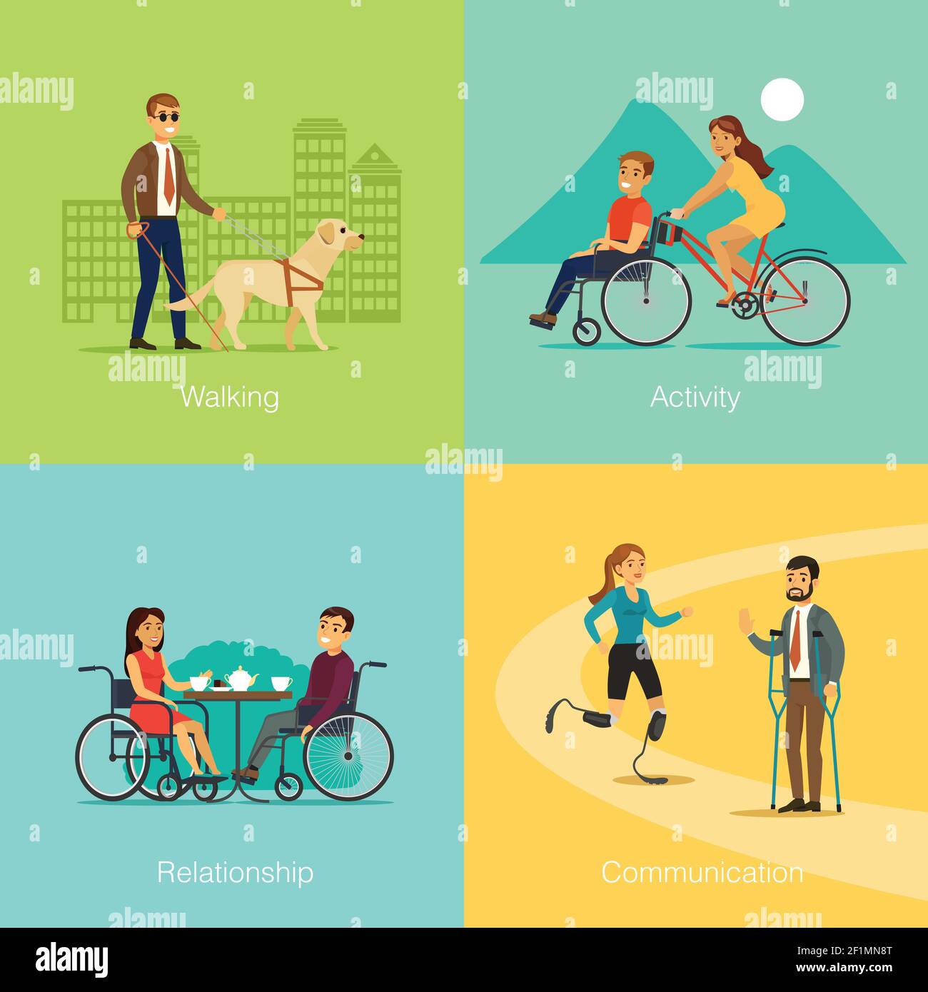 Disabled people square concept of blind man walking with dog special bicycle for traveling romantic relationship and communication between invalids ve Stock Vector