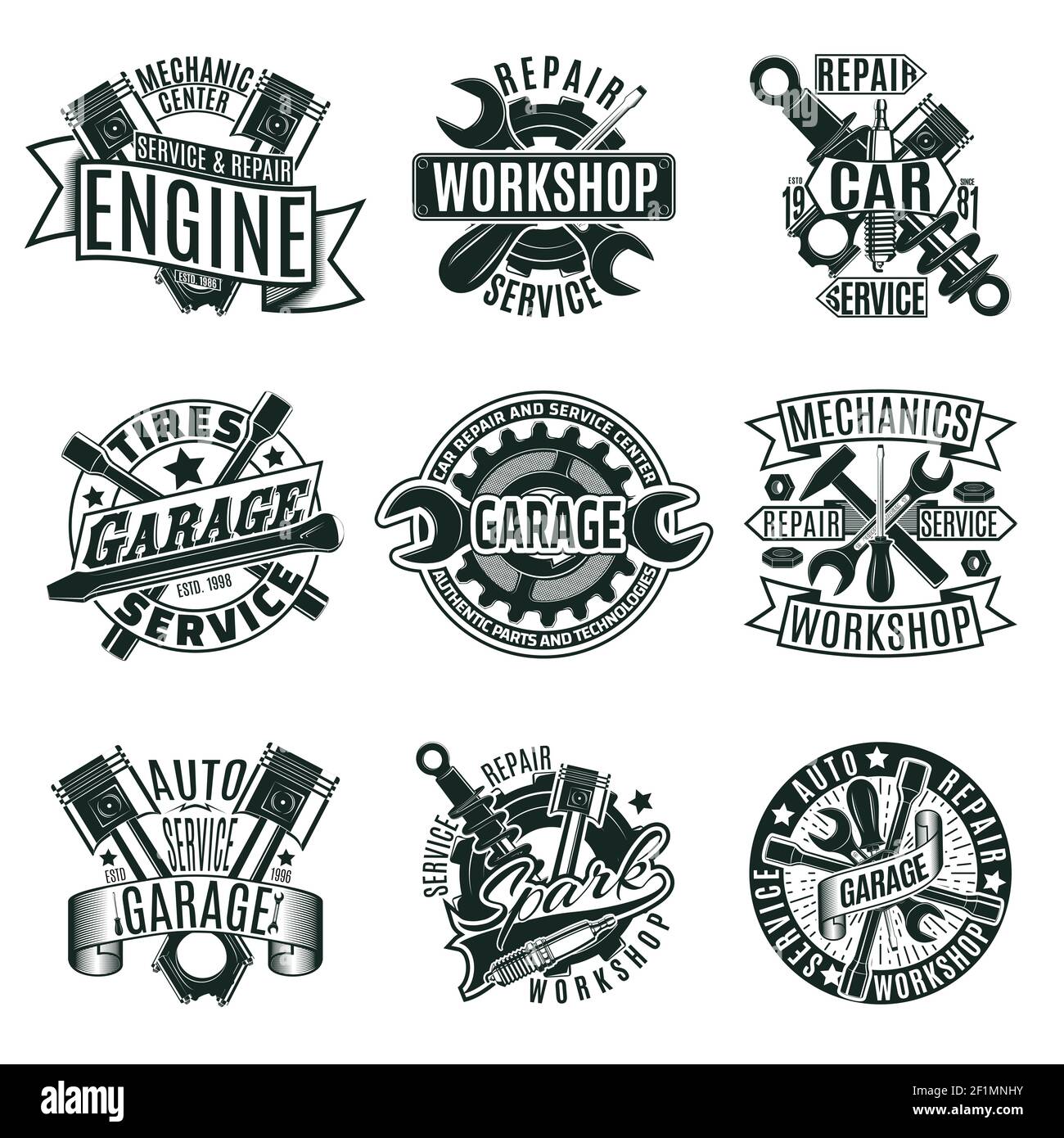 Monochrome car repair service logos set with mechanic tools and