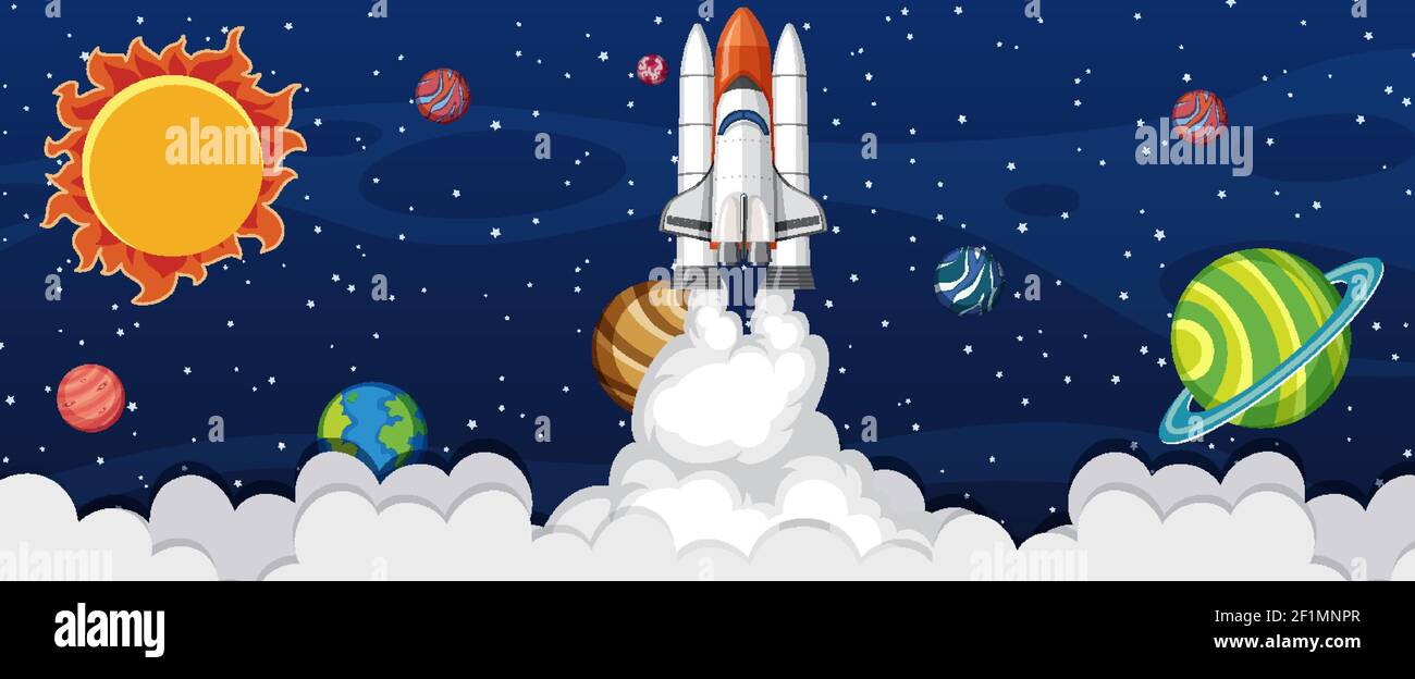 A rocket ship launching in the galaxy scene illustration Stock Vector ...