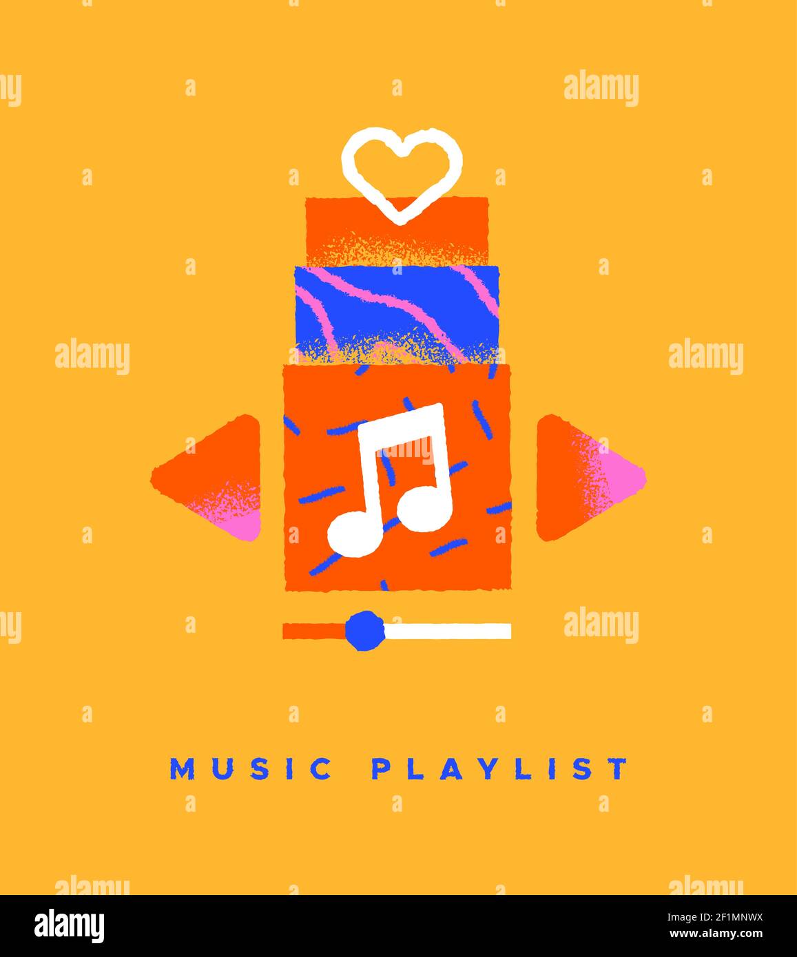 Music playlist colorful flat icon illustration on isolated background. Song streaming app or musical player interface concept in trendy hand drawn car Stock Vector