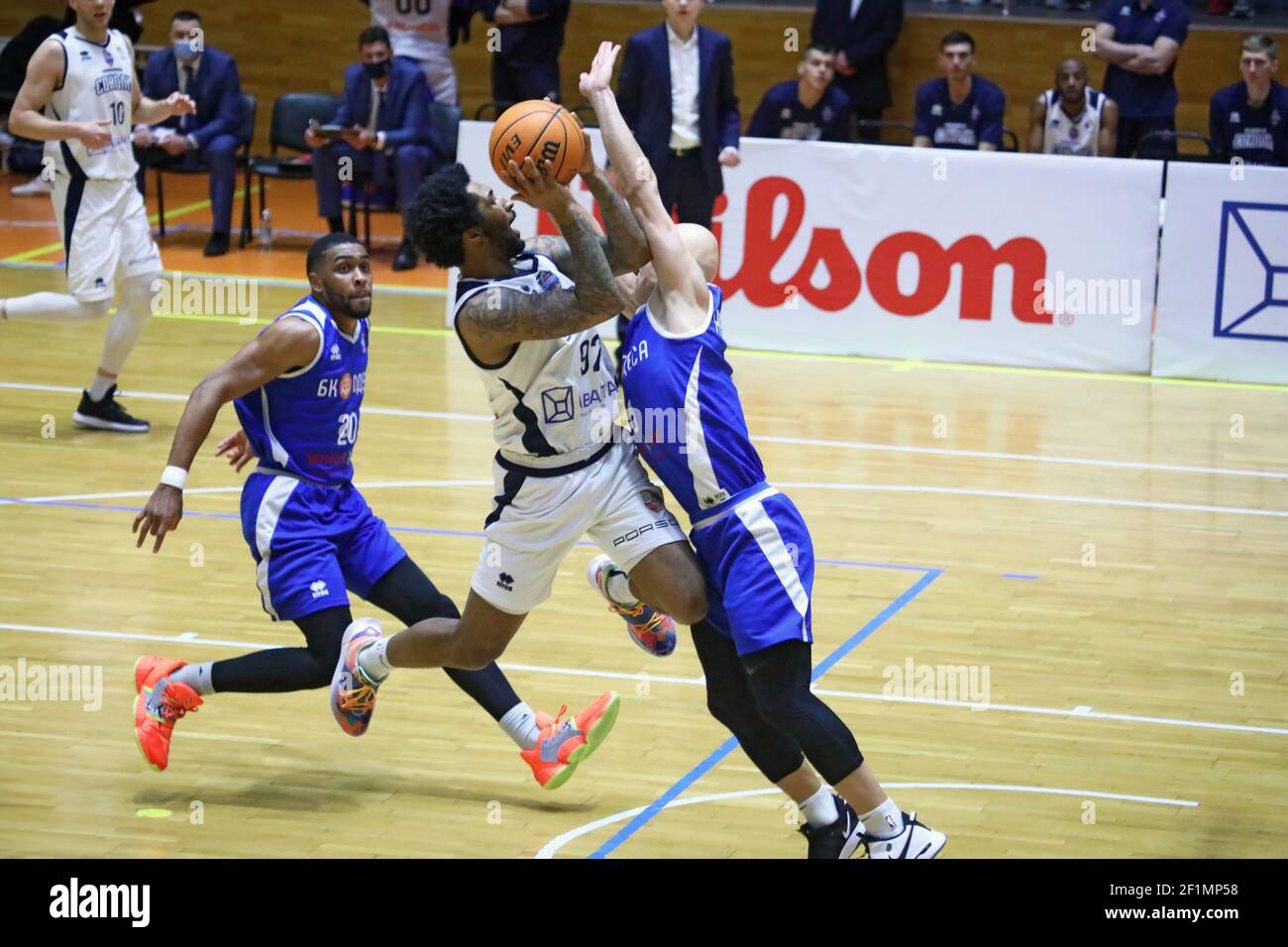 KHARKIV, UKRAINE - MARCH 5, 2021 - Point guard Dajuan Graf (C) of BC  Kharkivski Sokoly competes against the players of BC Odesa during the  2020/2021 U Stock Photo - Alamy