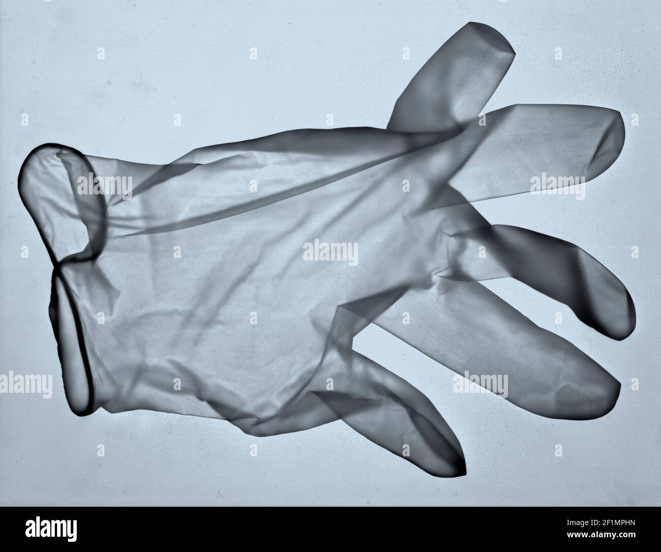Medical latex disposable glove as an x-ray see-through image with possible virus, contamination and particles. Stock Photo