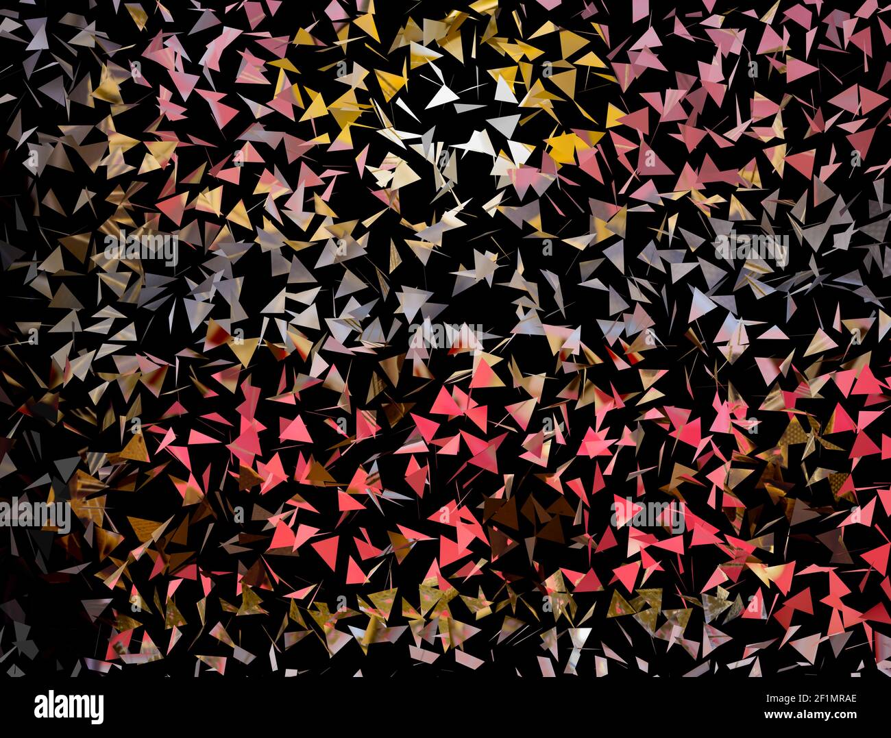 Abstract background of colored flying triangles. Black background. Stock Photo
