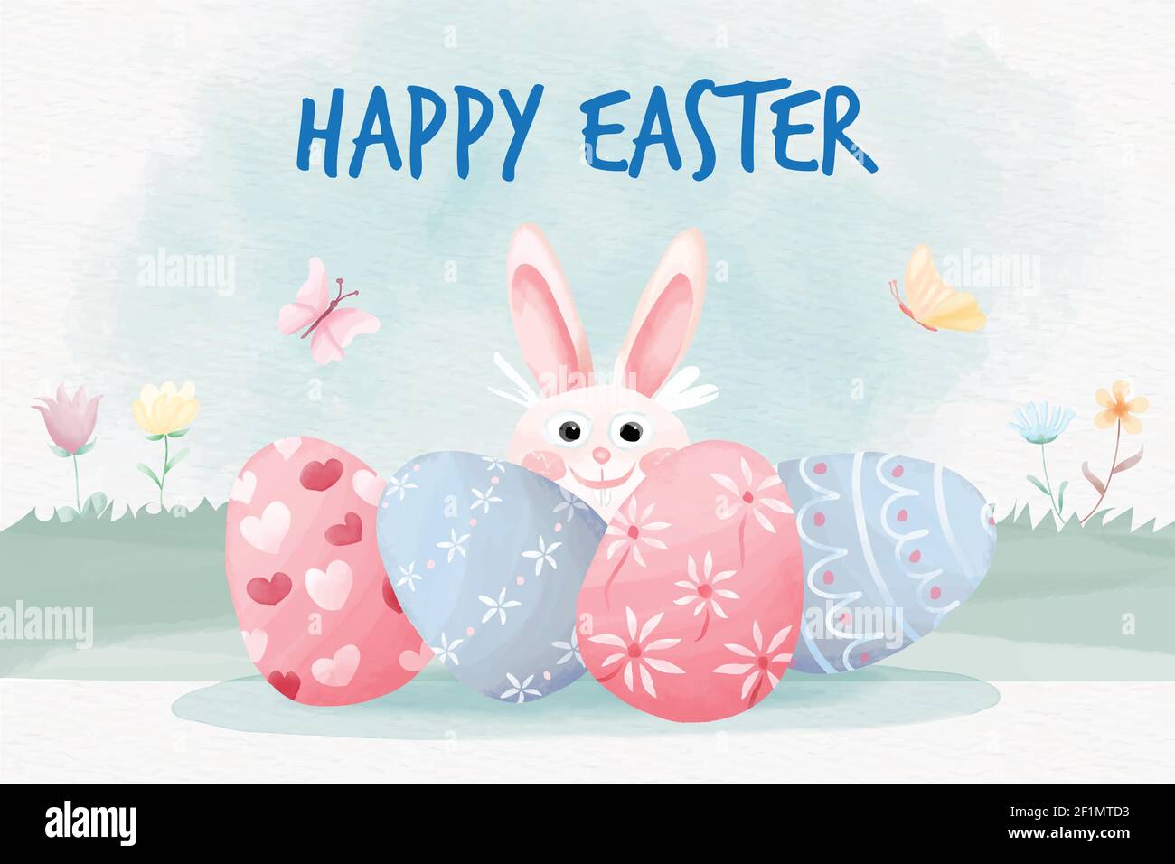 Happy easter day background with cute bunny and easter eggs Stock Vector