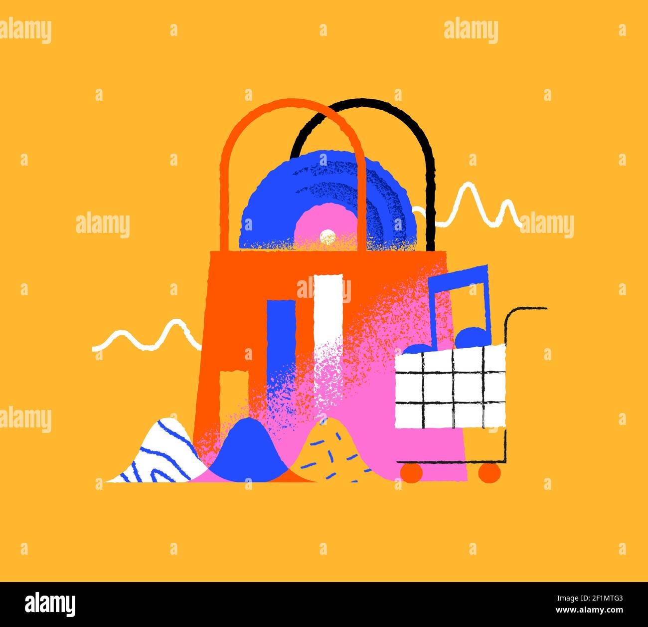 Music store colorful illustration of shopping bag, cart and vinyl cd on isolated background. Web business or online musical market concept in trendy h Stock Vector