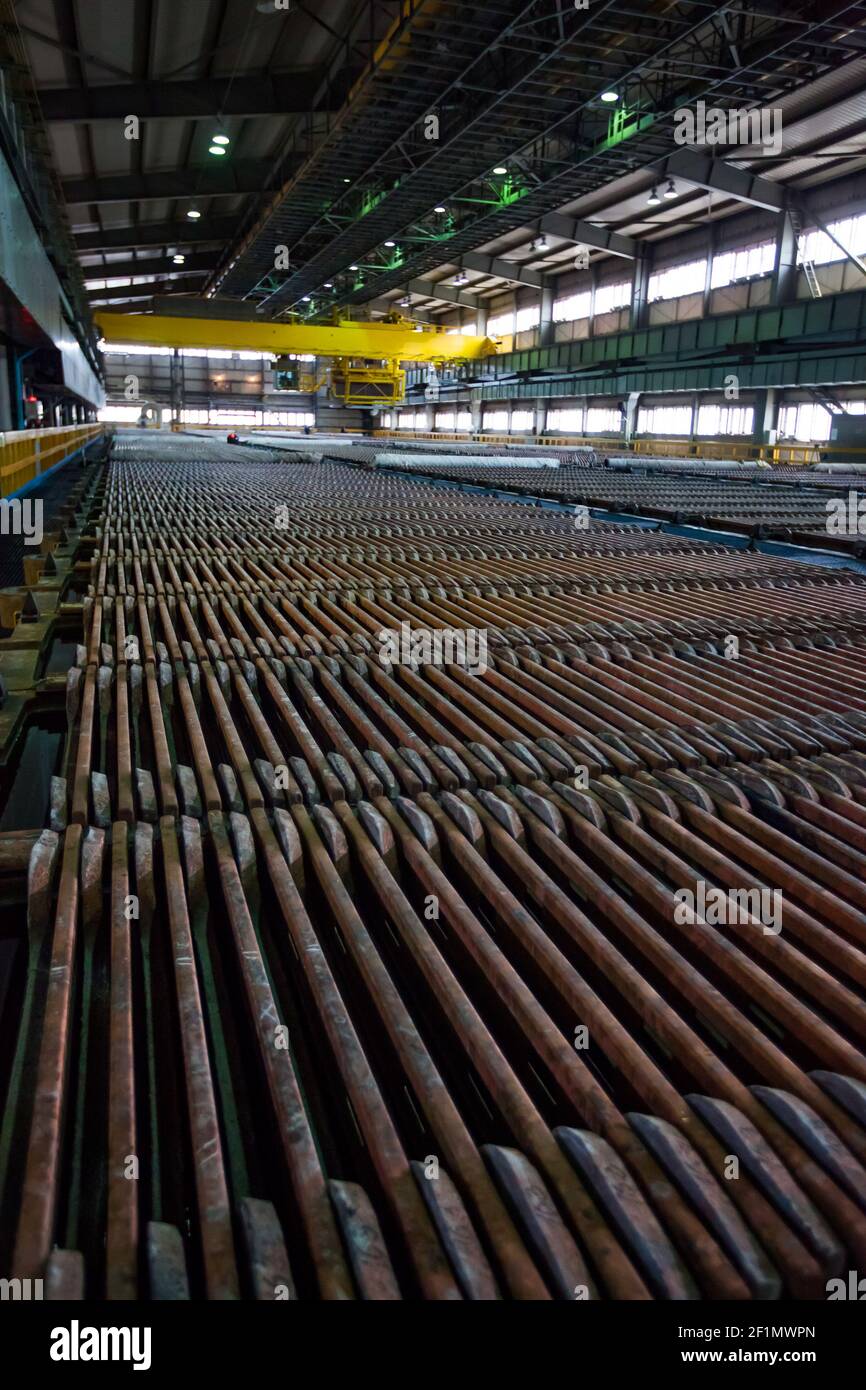 Copper metallurgical plant. Electro-refining electrolysis workshop. Copper cathode plates in sulfuric acid bath. Background is blurred. Stock Photo