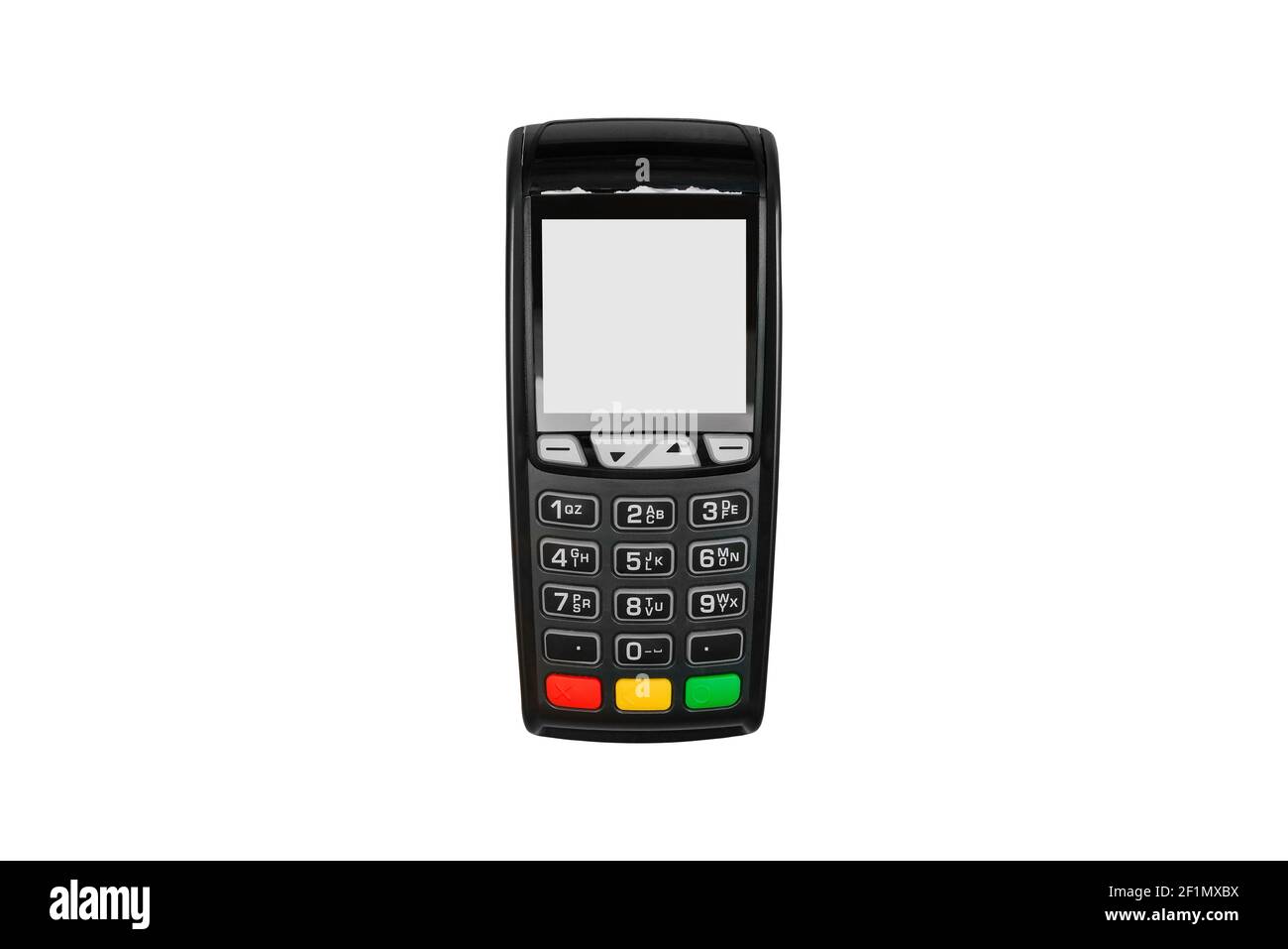 Payment terminal with a white screen. Payment device isolated on white background. E-commerce and business. Stock Photo