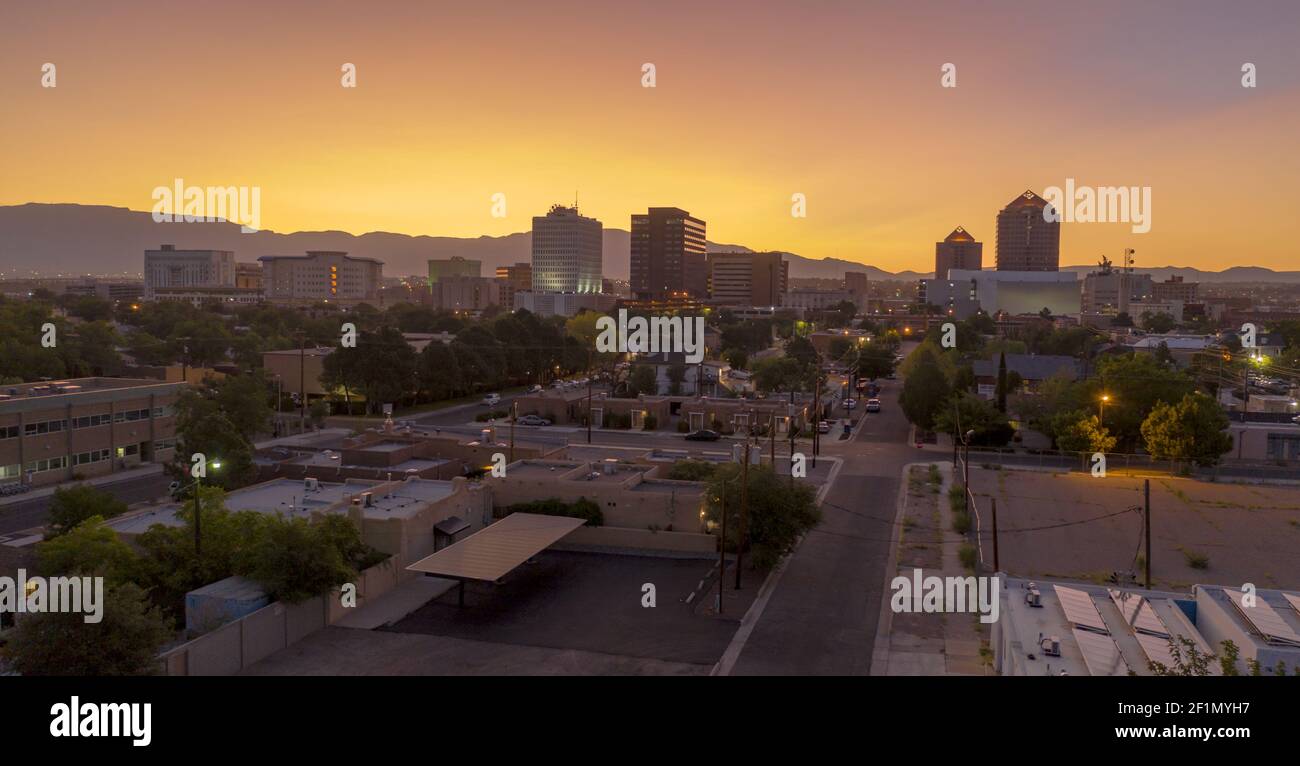 Orange Sunrise Aerial Perspective Downtown City Skyline Albuquerque New Mexico Stock Photo