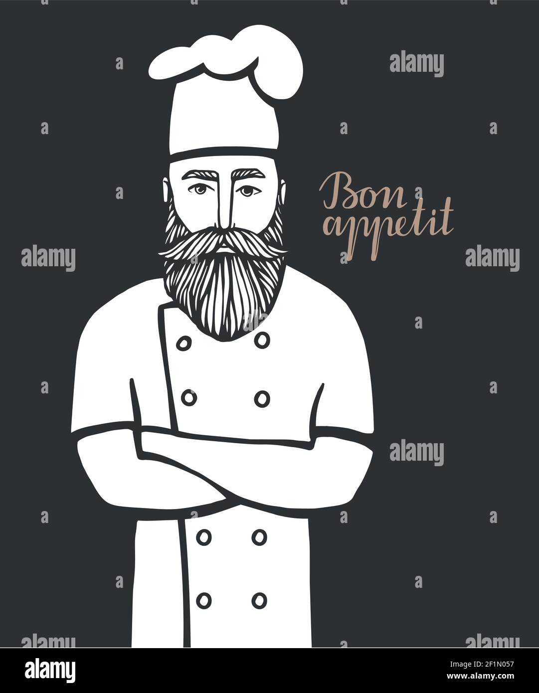 Hand drawn vector illustration of hipster chief-cooker with a mustache and beard in a white dress. chief-cooker logo. Stock Vector