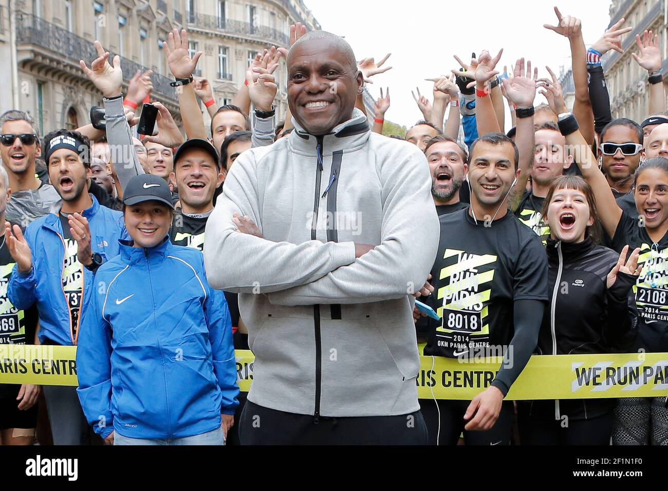 Carl Lewis (usa), ambassador of Nike, gives the start of the 11th edition  of the running race 10KM Paris Centre, in Paris, on October 05, 2014,  France, Europe - Photo Stephane Allaman /