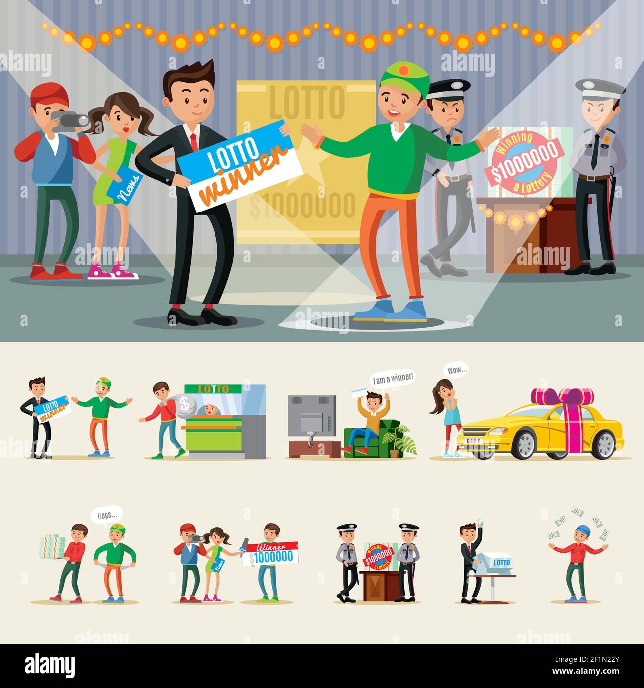 People winning lottery collection with happy lucky winners in