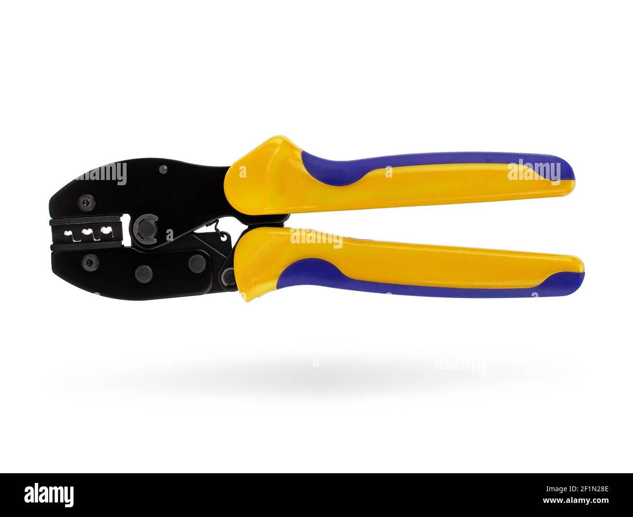 Tool for crimping electrical wires isolated. Yellow and blue Stock