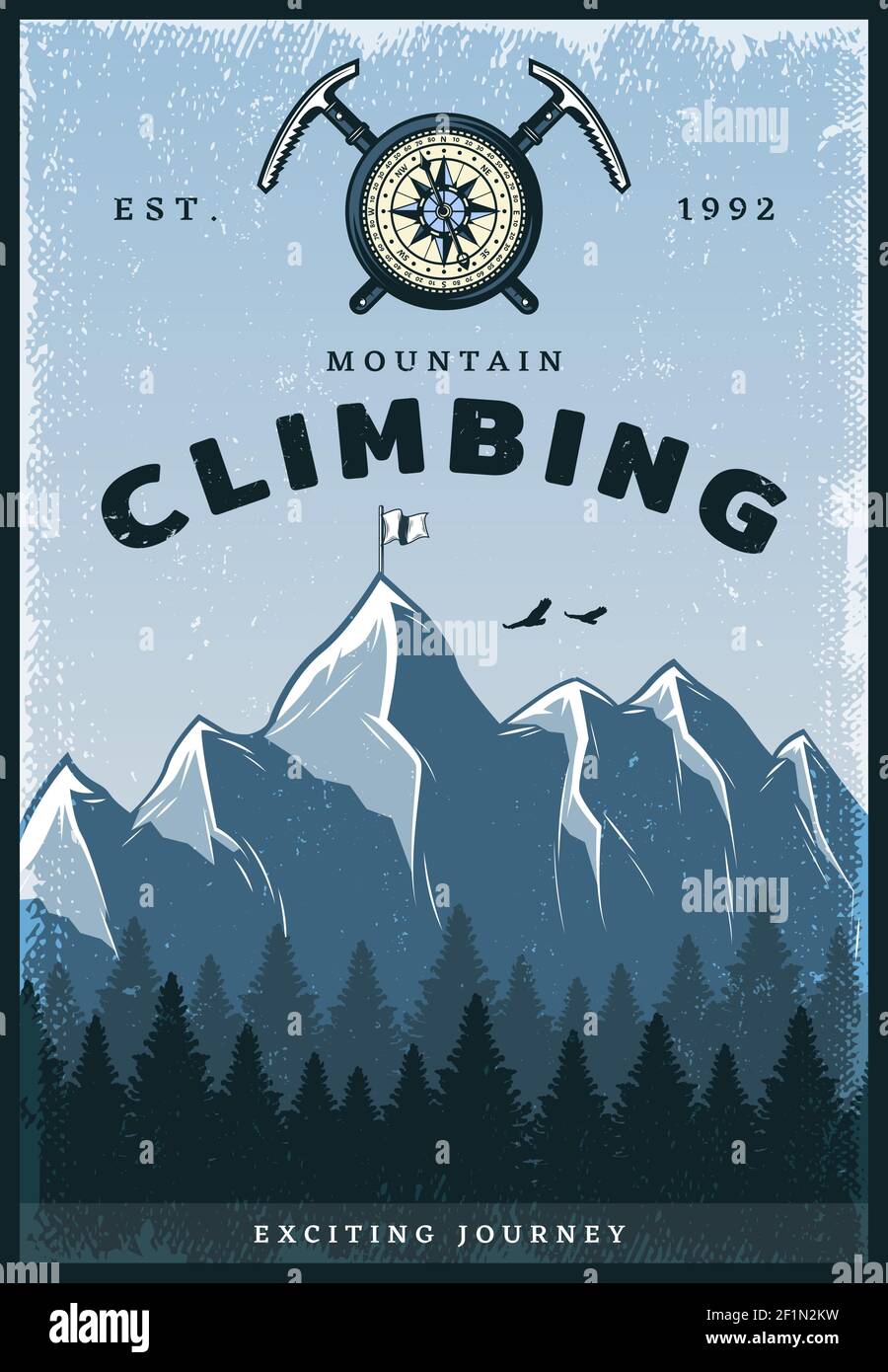 Vintage colored mountain climbing poster with lettering crossed picks and compass on nature landscape vector illustration Stock Vector