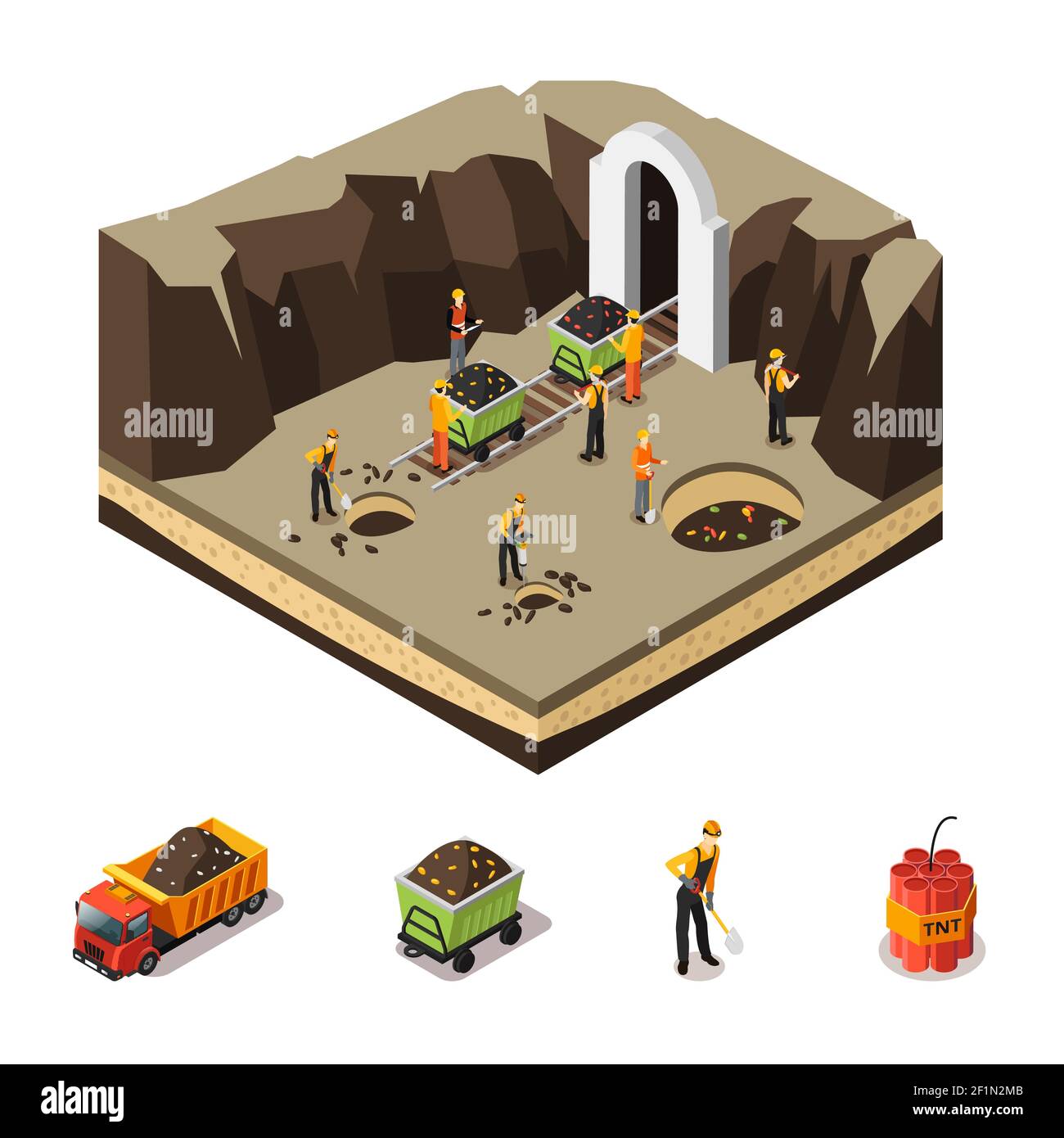 Isometric coal extraction concept of trolleys dynamite and miners with shovel pick drill working in mine isolated vector illustration Stock Vector