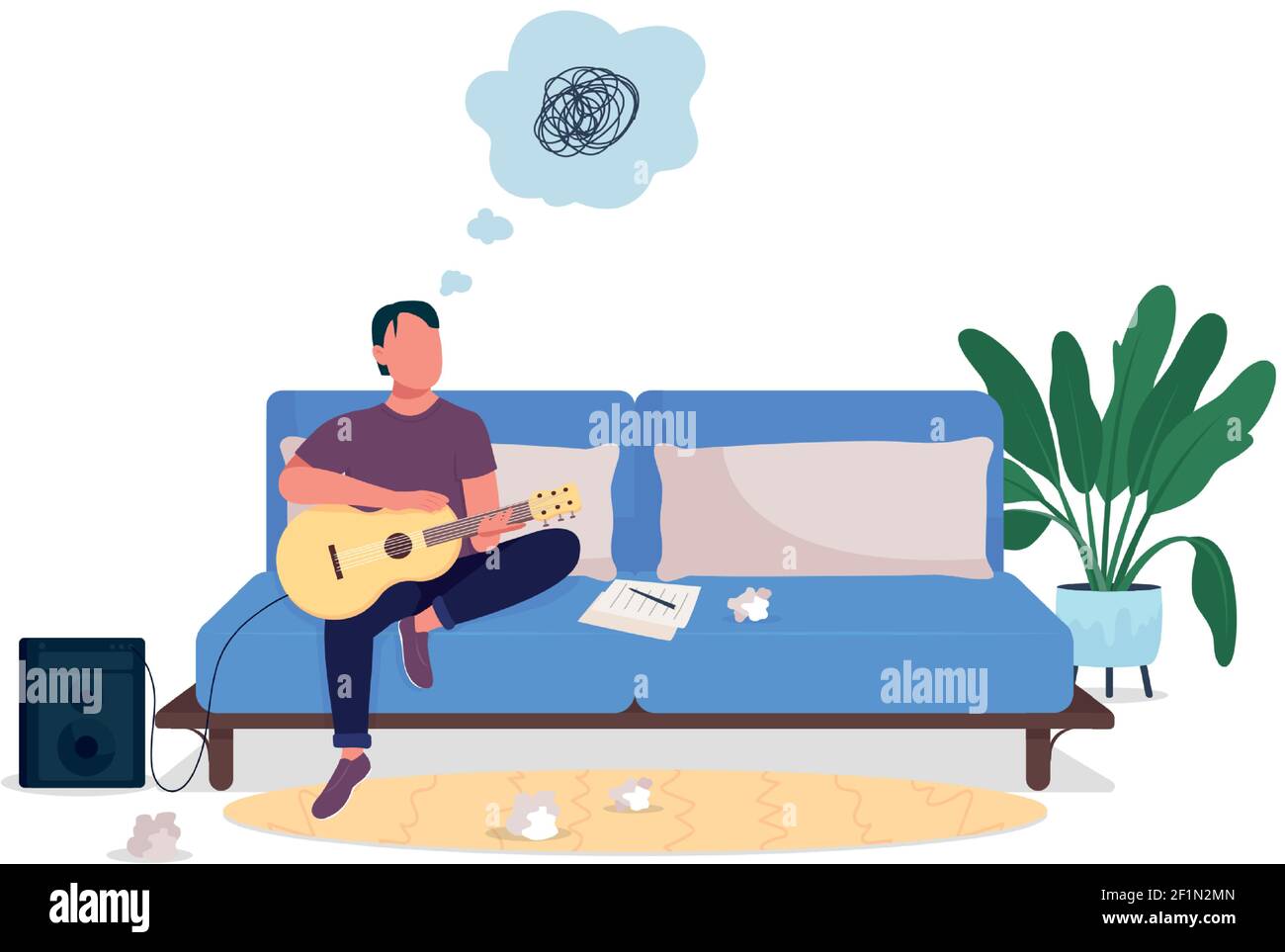 Stressed guitarist flat color vector faceless character Stock Vector