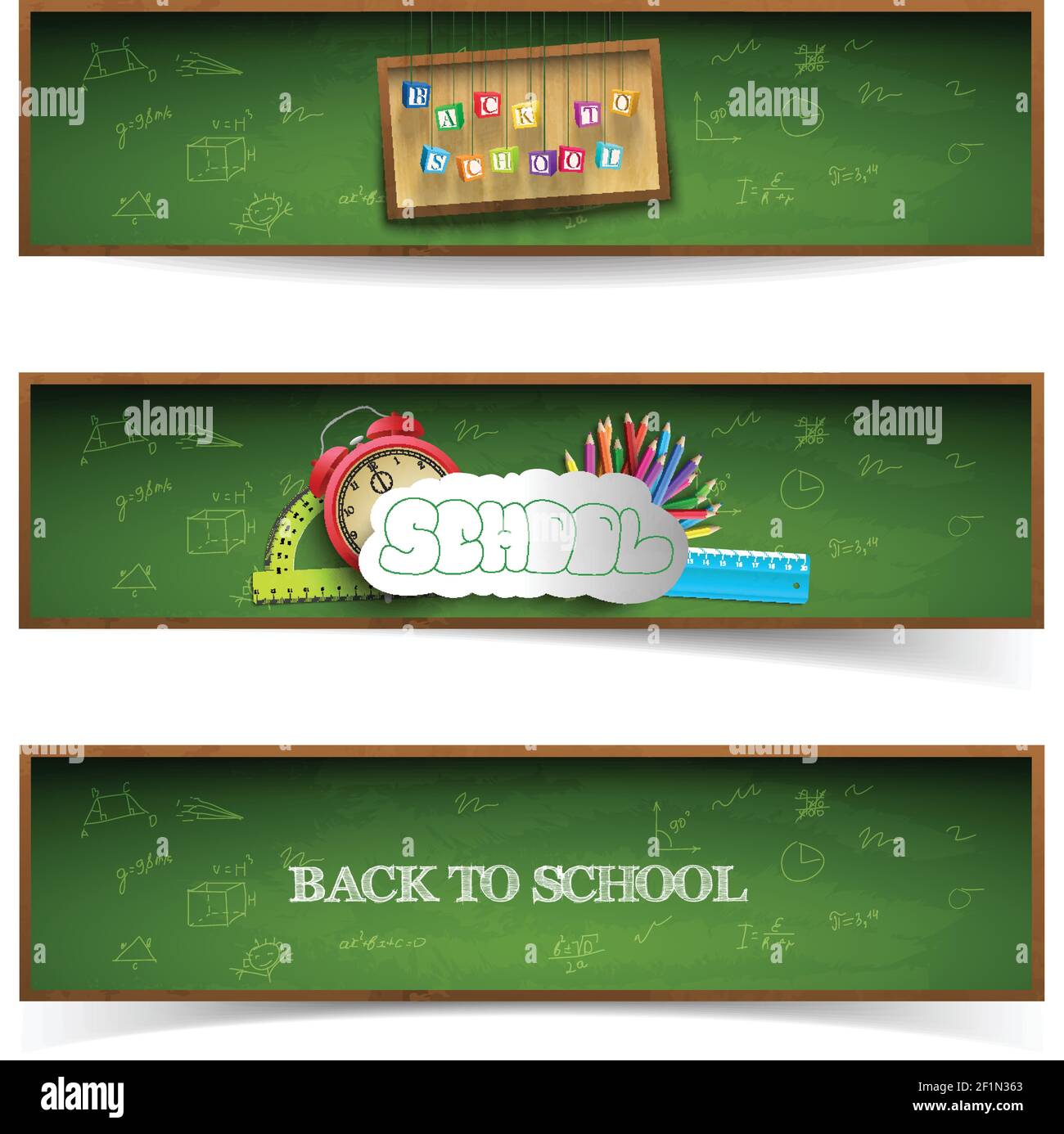 Three different isolated green school banner set with headlines and ...