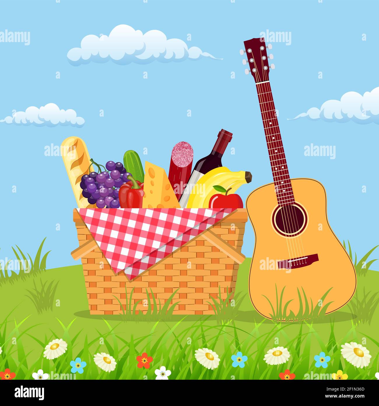 WIcker picnic basket full of products Stock Vector Image & Art - Alamy