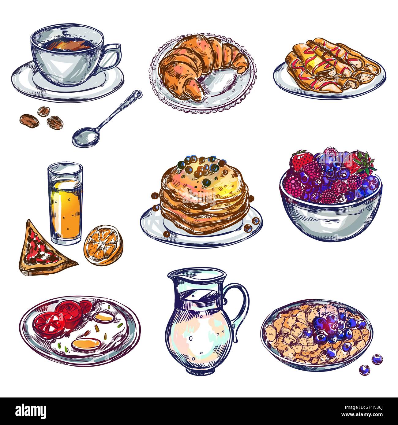 Food breakfast icon set isolated and colored with bakery desserts meals ...